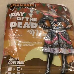 Women’s large Day of the Dead mask, dress gloves and leggings.